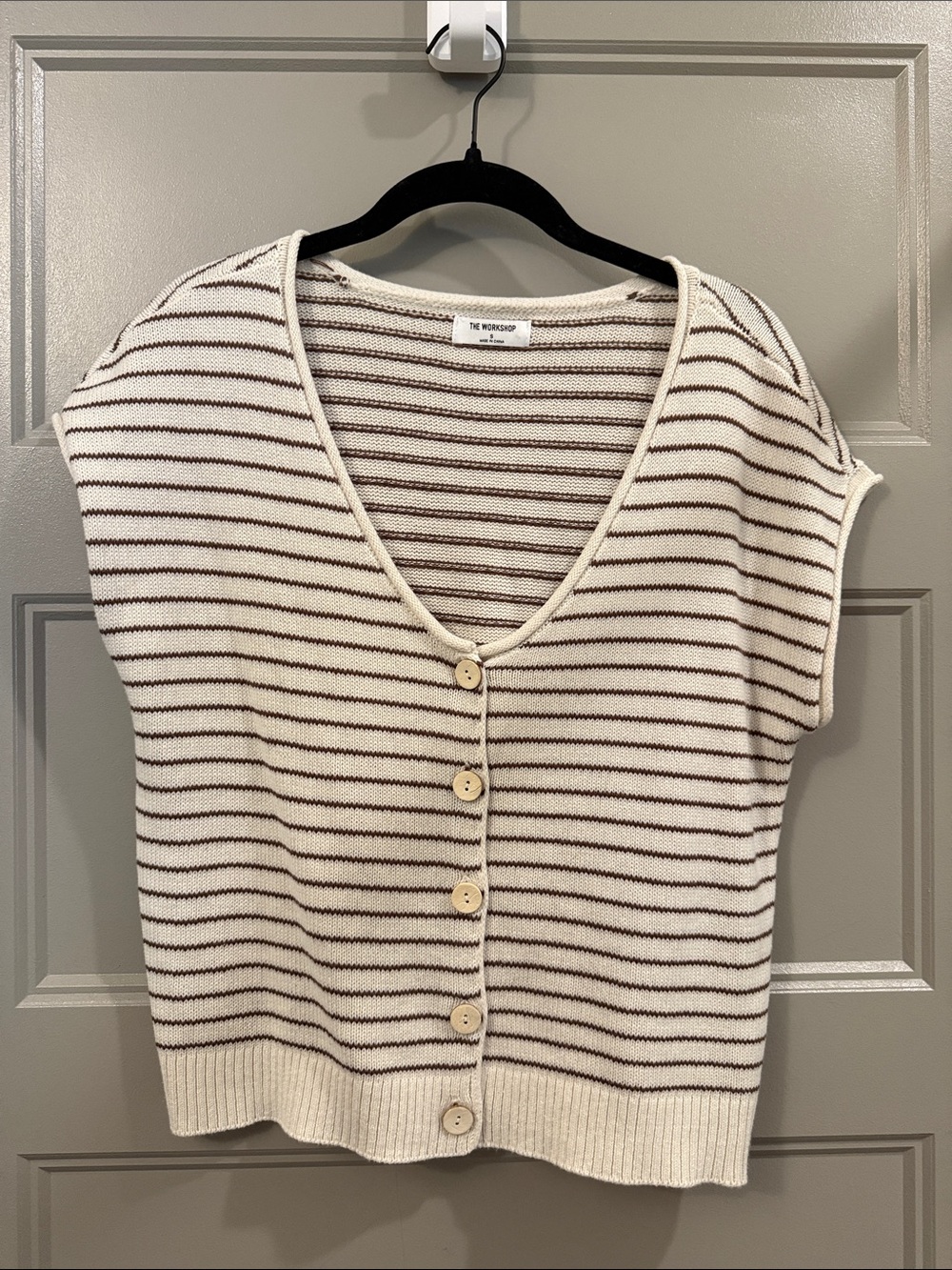 The Workshop Cream & Brown Striped Knit Button Front Top